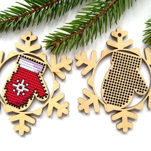 Christmas Mittens Cross Stitch Blank, Snowflake Cross Stitch Pattern, Wooden Christmas Tree Decor, Cross Stitch Christmas Bauble