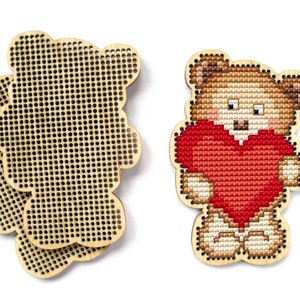 Valentinas Day Cross Stitch Blank, Bear with Heart Cross Stitch Pattern, Wooden Cross Stitch Blanks, Wooden Cross Stitch Ornament