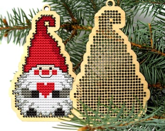 Christmas gnome cross stitch blank, DIY Christmas tree decor, Wooden Cross stitch pendant, Gnome cross stitch pattern, mini cross sitch