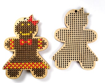 Wooden cross stitch blank, Gingerbread girl pendant, Cross stitch pannern, Gingerbread decor, DIY Christmas tree decor, Christmas ornament