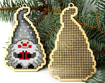 Christmas gnome cross stitch blank, DIY Christmas tree decor, Wooden Cross stitch pendant, Gnome cross stitch pattern, mini cross sitch