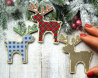 Christmas Deer Cross Stitch Blank. Wooden Cross Stitch Pendant. Christmas Wood Ornament. DIY Christmas Tree Decor. Deer cross stitch. Winter