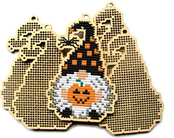 Halloween gnome cross stitch blank, DIY Halloween tree decor, Wooden Cross stitch pendant, Gnome cross stitch pattern, mini cross sitch