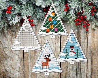 Christmas Bouble Cross Stitch Blank. Wooden Cross Stitch Pendant. Dimensional  Christmas Tree Decor. Christmas Night Landscape Tree Ornament