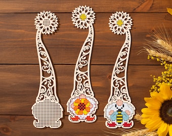 Sunflower Garden Gnome, Summer Gnome Cross Stitch Blank, Perforated Wood Cross Stitch, Spring Garden Gnome, Happy Easter Ornament
