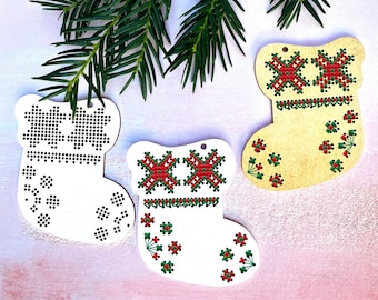 Scandinavian Christmas Cross Stitch Blank, Christmas Stocking Cross Stitch Pattern, Christmas Tree Ornament, Wooden Cross Stitch Blank Decor