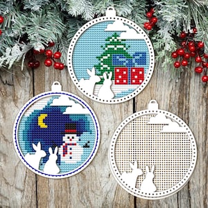 Christmas Bauble Cross Stitch Blank. Wooden Cross Stitch Pendant. Dimensional Cross Stitch. DIY Christmas Tree Decor. Rabbit Cross Stitch