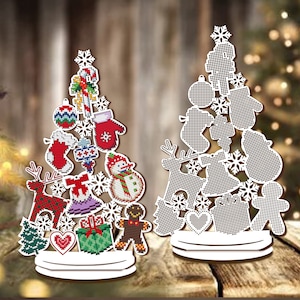 Schema punto croce albero di Natale. Punto croce in legno vuoto. Ornamento natalizio in legno. Decorazione fai da te per albero di Natale. Arte punto croce invernale.