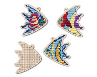 Tropical fish cross stitch blank, Wooden cross stitch pendant, Laser cut wood, DIY Christmas tree decor