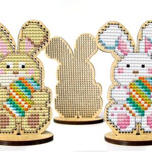 Easter bunny rabbit with egg. Easter cross stitch blank with stand. Laser cut wood. Wooden cross stitch blank. Easter DIY decor