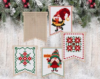 Merry Christmas Flag Wood Cross Stitch Blank, Gnomes Cross Stitch Pattern, Wooden Christmas Tree Decor, Cross Stitch Pendant