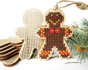 Décoration en pain d'épice, blanc au point de croix en bois, pendentif bonhomme en pain d'épice, motif point de croix, décoration de sapin de Noël bricolage, décoration de Noël