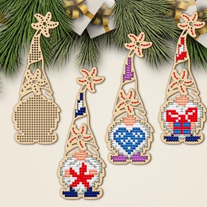 Christmas gnome cross stitch blank, DIY Christmas tree decor, Wooden Cross stitch pendant, Gnome mini cross stitch pattern