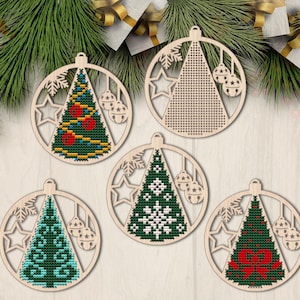 Pallina di Natale a forma di fiocco di neve in legno per punto croce, pallina di Natale per punto croce, decorazione per albero di Natale in legno, ciondolo per punto croce