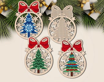 Christmas Bauble with Bow — Laser Cut Wood Cross Stitch Blank with Free Patterns