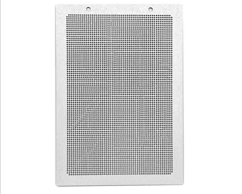 May include: A silver metal sheet with a grid of small holes. The sheet is rectangular and has rounded corners.