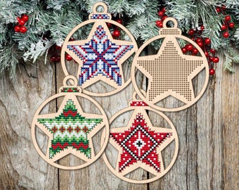 Christmas Star Wooden Cross Stitch Blank, Snowflake Bauble Cross Stitch Pattern, Wooden Christmas Tree Decor, Cross Stitch Art Pendant