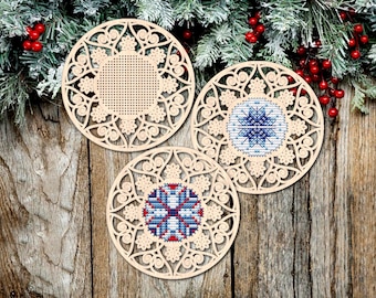 Mandala Snowflake — Laser Cut Wood Cross Stitch Blank with Free Patterns