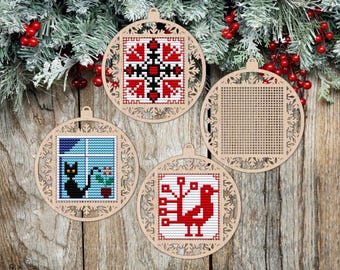Christmas Snowflake Bauble Wood Cross Stitch Blank, Christmas Cross Stitch Art, Wooden Christmas Tree Decor, Cross Stitch Pendant
