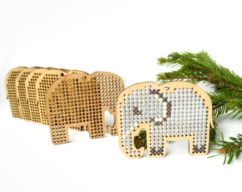Elephant cross stitch blank, Wooden cross stitch decor, Christmas tree decor, Laser cut wood, Cross stitch pendant, DIY Christmas gift