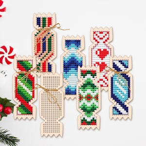 Christmas Candy Cane cross stitch blank, DIY Cristmas tree decor, Wooden Cross stitch pendant, Candy Cane cross stitch pattern, mini sitch
