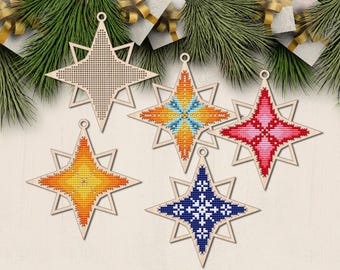 Stella di Betlemme in legno per punto croce. Schema per punto croce natalizio. Decorazione cristiana in legno. Decorazione fai da te per l'albero di Natale.