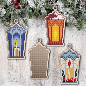 Christmas Lantern Cross Stitch Blank. Wooden Cross Stitch Pendant. Christmas Wood Ornament. DIY Christmas Tree Decor. Lantern cross stitch