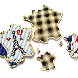 França Ponto Cruz De Madeira Em Branco. Mapa Costurável Perfurado. País Cross Stitch em branco. Ponto cruz França ou bordado em branco.