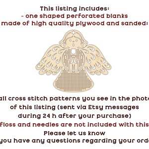 Peut inclure: Un gabarit perfor&eacute; en forme d'ange de couleur claire, fabriqu&eacute; en contreplaqu&eacute; de haute qualit&eacute;. L'image comprend du texte d&eacute;crivant l'annonce, y compris des motifs de point de croix envoy&eacute;s via les messages Etsy. Le fil et les aiguilles ne sont pas inclus.
