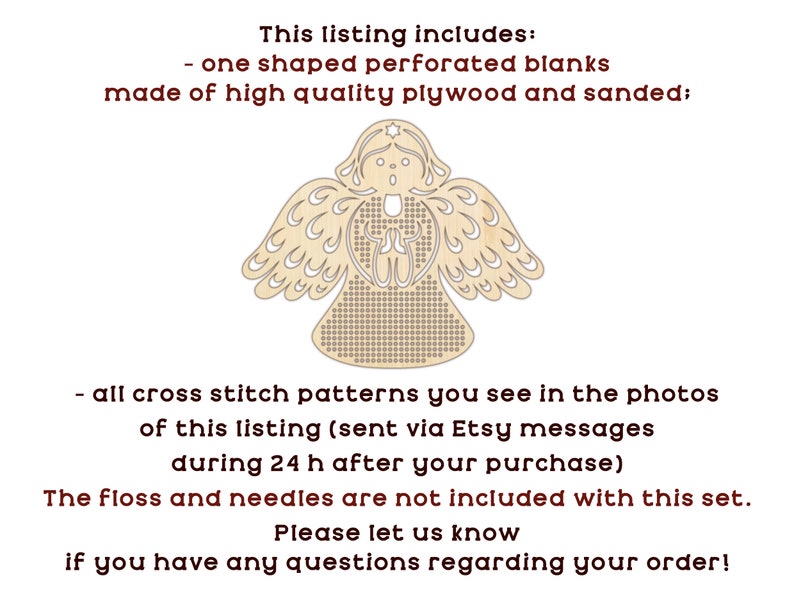 Peut inclure: Un gabarit perfor&eacute; en forme d'ange de couleur claire, fabriqu&eacute; en contreplaqu&eacute; de haute qualit&eacute;. L'image comprend du texte d&eacute;crivant l'annonce, y compris des motifs de point de croix envoy&eacute;s via les messages Etsy. Le fil et les aiguilles ne sont pas inclus.