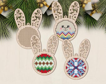 Christmas Bunny Cross Stitch Blank, Wooden Snowflake Cross Stitch Blank, Wooden Bauble Christmas Tree Decor, Cross Stitch Pendant