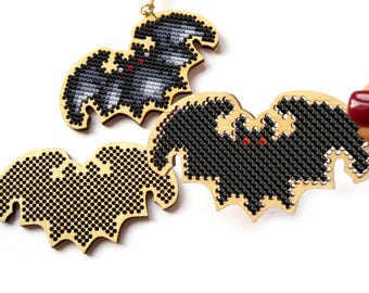 Halloween Bat Wood Cross Stitch, Halloween Cross Stitch Ornament, Bat Cross Stitch Blank, Spooky Bat Halloween Decorations Indoor