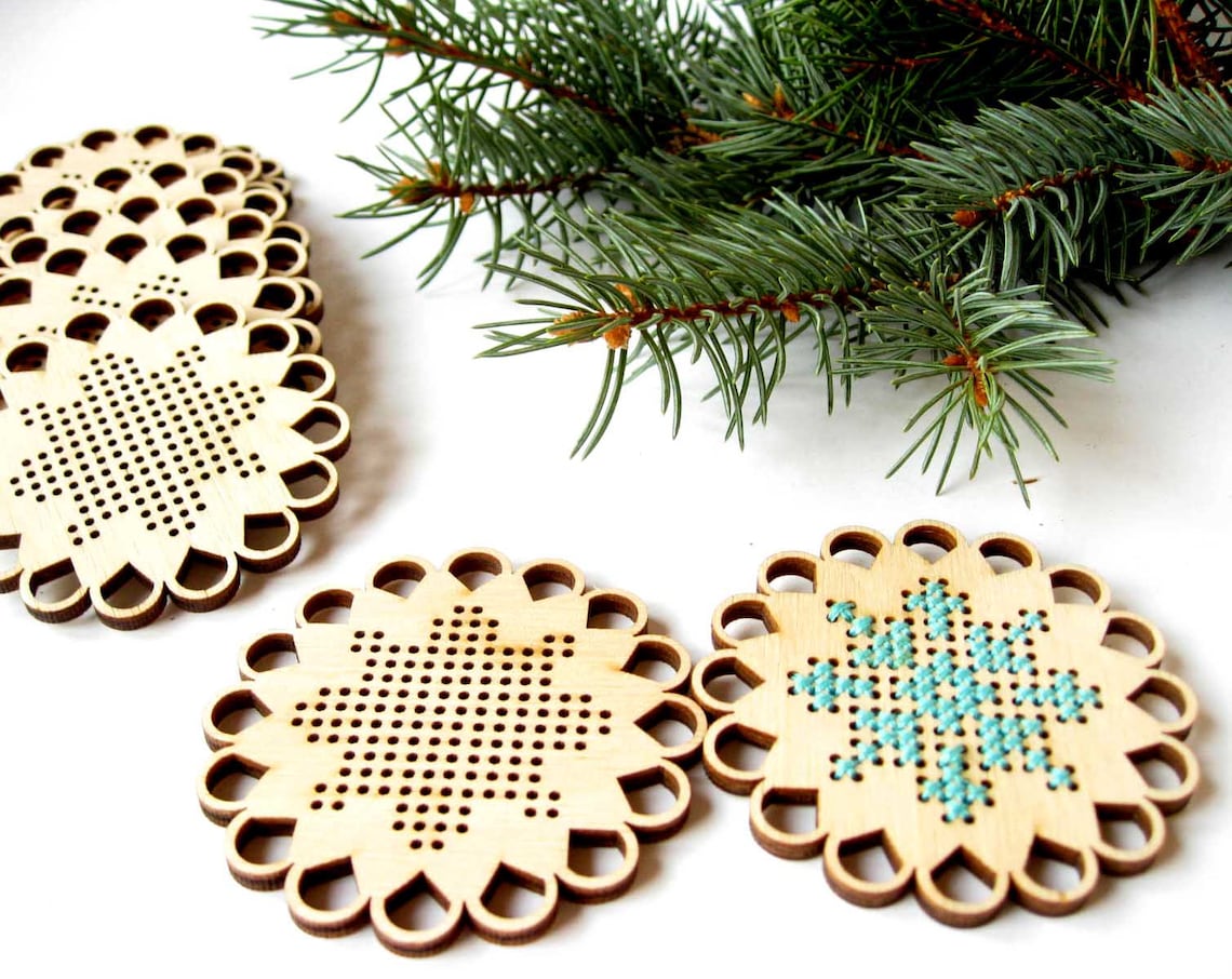 Christmas snowflake Cross stitch ornament KIT Wooden cross | Etsy