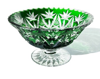 Crystal Dish Cut to Clear Emerald Overlay