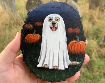 Ghost Dog in a Pumpkin Patch. Halloween Painting. Hand Painted on Sustainably Sourced Wood. Spooky Wall Hanging