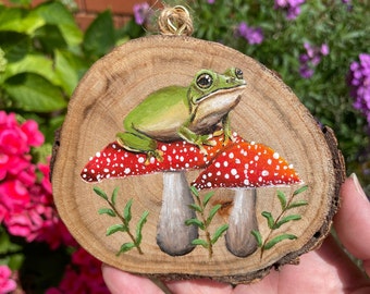 Frog on a Mushroom Painting. Hand painted on a sustainably sourced wooden slice. Eco friendly shipping materials
