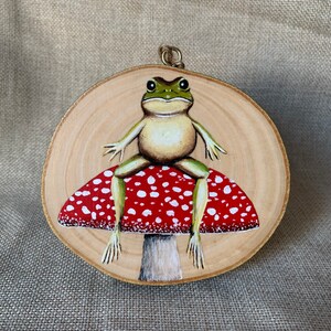 Frog Sitting on a Mushroom. Hand Painted on Sustainably Sourced Wood. Cottagecore Wall Hanging image 1