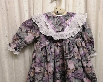 Little Girls Dress Purple Flowers, Embroidered Frill  Collar, Vintage Dress 1980's