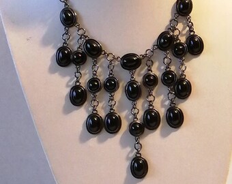 Black Stone Bib Necklace, Asymmetrical Statement Jewelry