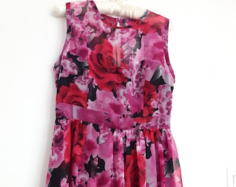 Red and Pink Floral Dress, Big Red Roses Summer Dress, Sleeveless