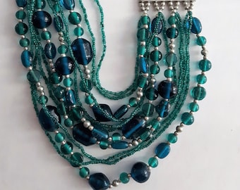 Multistrand Necklace, Emerald Green Necklace, Statement Necklace, Custom Jewelry, Victorian Jewelry, Blue Necklace, Beaded Necklace, Gifts