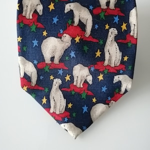 Necktie for Men, Hand Made, North Pole White Bears Christmas Theme by Aldo Viaconti Vintage Tie, Navy Blue Red and White