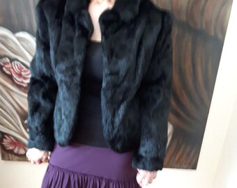 RÉSERVÉ à Michelle vintage, manteau en fourrure de lapin noir, veste courte, manteau pour femme