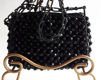 Vintage Black Beaded Purse, Evening Bag with Shoulder Strap