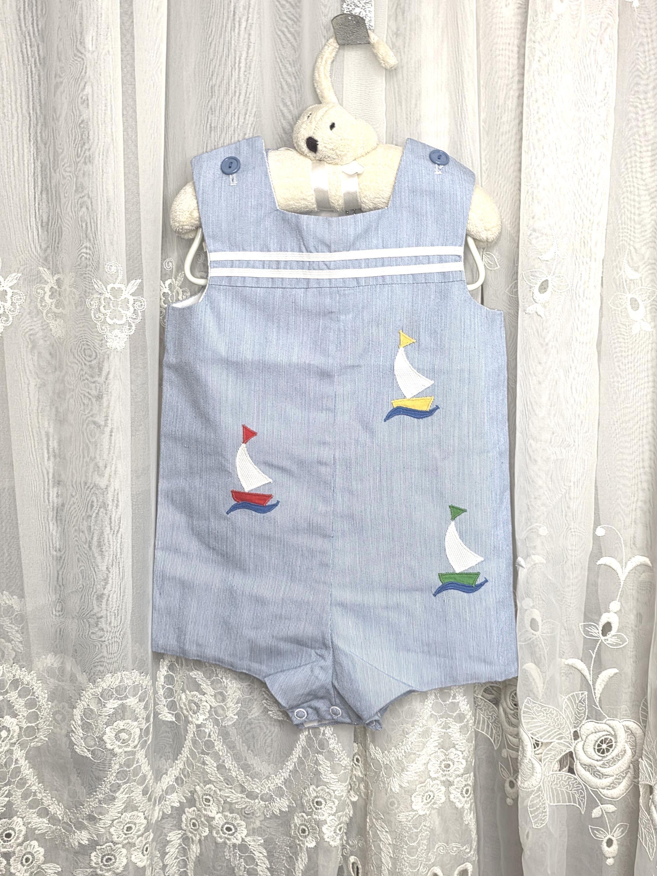 Petit Bebe Nautical Jon Jon Romper, Sailboat Embroidered Baby Outfit, Blue White Striped Sunsuit, Coastal Baby Clothes, Vintage Style Romper