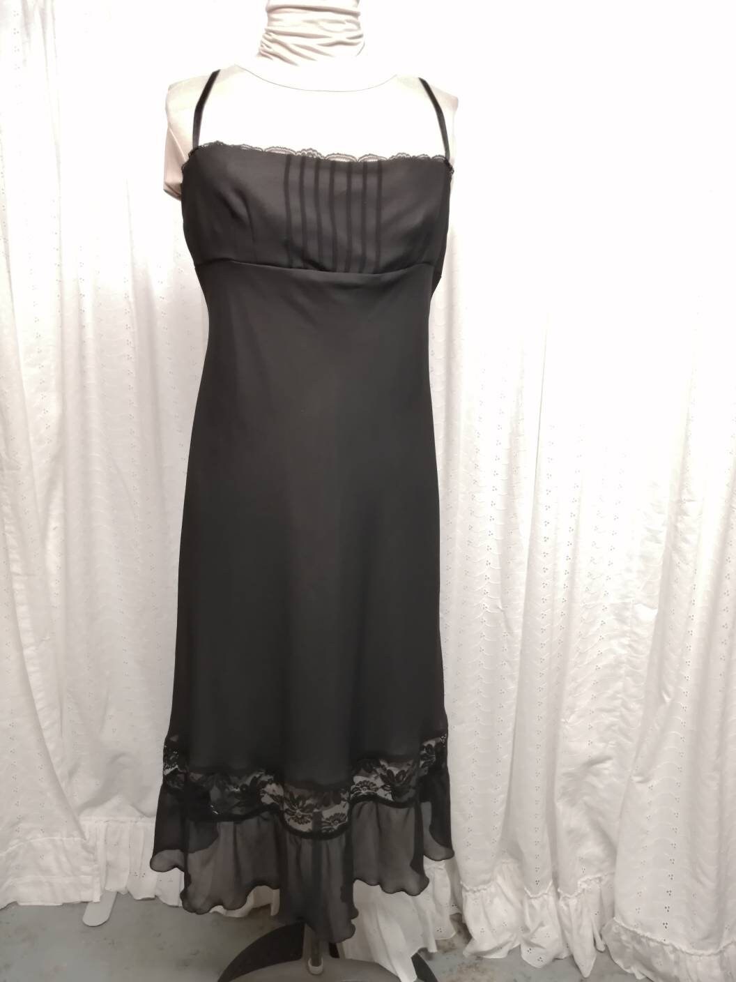 Vintage Black Chiffon Empire Waist Dress, Criss-Cross Straps, Lace Trim, Size 10