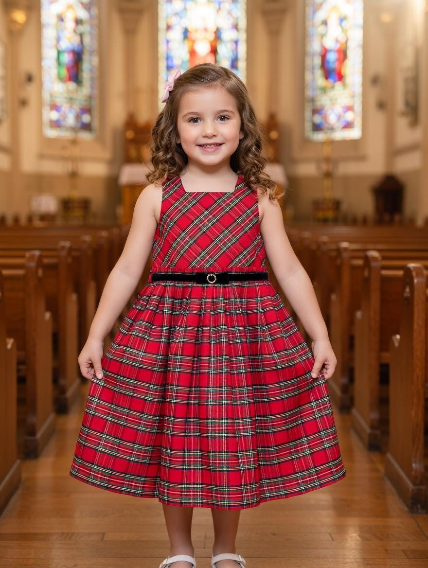 Girls Red Black Plaid Christmas Dress, Velvet Trim, Fluted Skirt, Party Wear