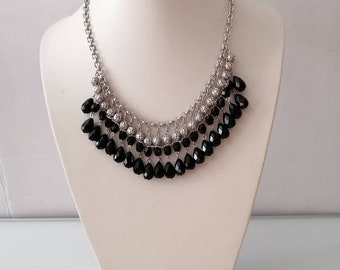 Silver and Black Bib Beaded Necklace With Filigree Beads