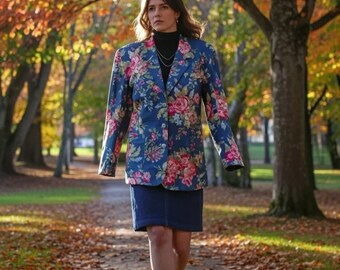 Chaqueta de algodón con estampado floral vintage, Liz Sport, corte holgado, talla grande