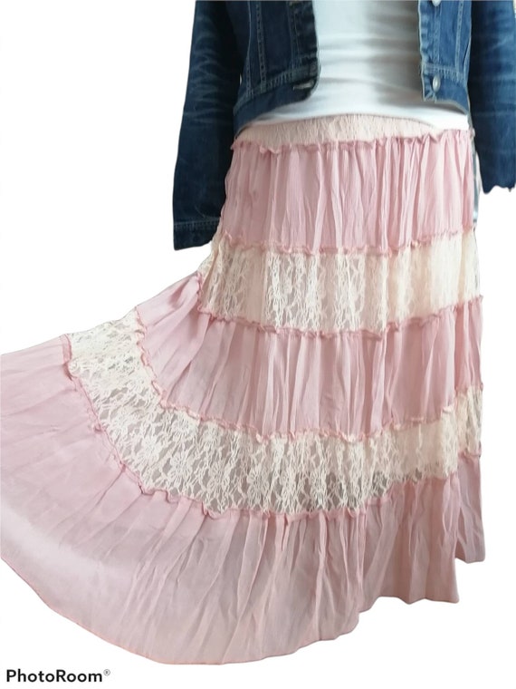 Bohemian Pink and White Lace Six Tier Skirt, Gyps… - image 6
